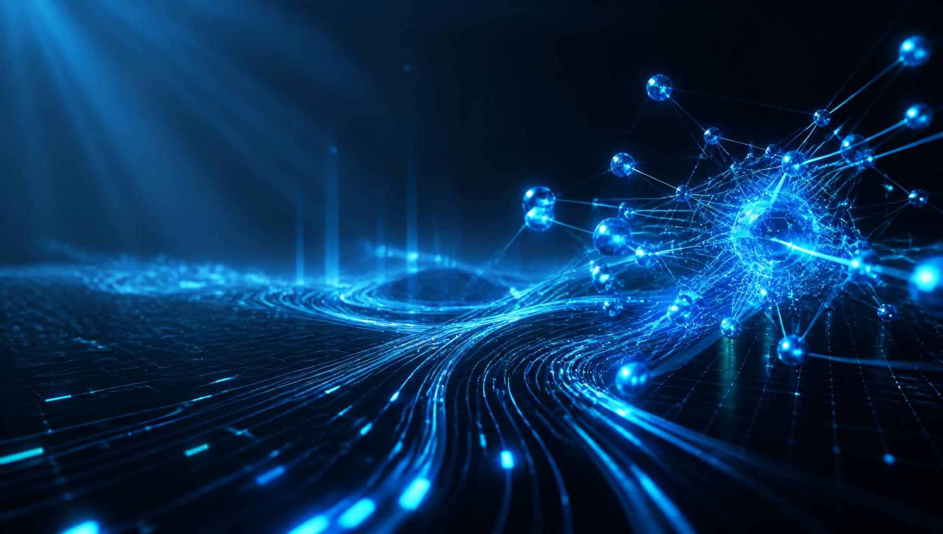 Red neuronal abstracta azul que representa la inteligencia artificial y la automatización de VEYRON